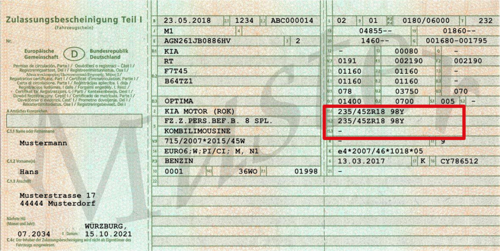 Muster Fahrzeugschein mit umrandeten Reifengrößen in den feldern 15,1 - 15.3